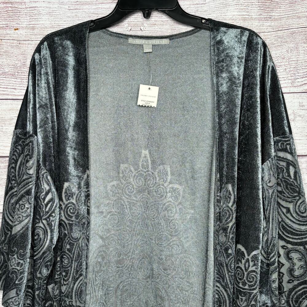 Valerie Stevens Slate Crushed Velvet Burnout Open Front Kimono Size Large New - Picture 3 of 11